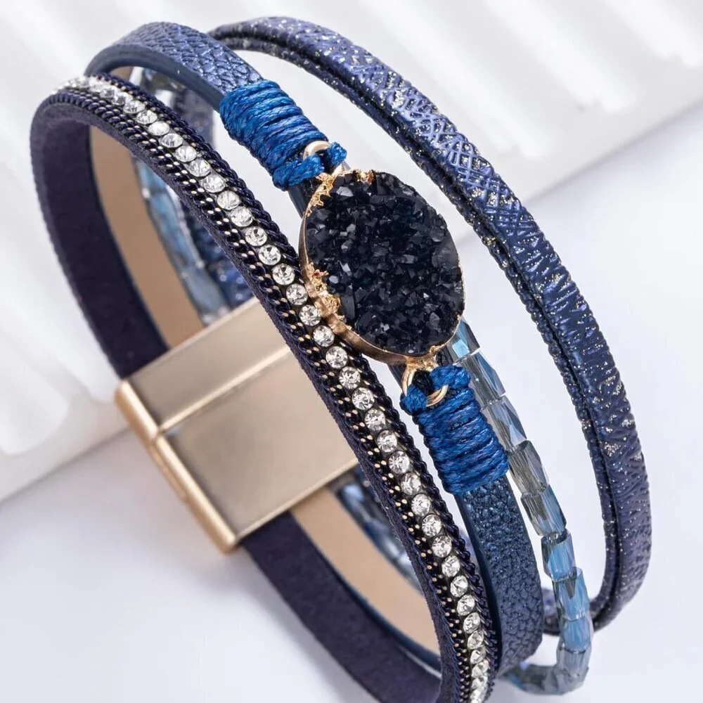 Women's Navy Blue Boho Leather Wrap Stackable Chunky Crystal Cuff Bracelets